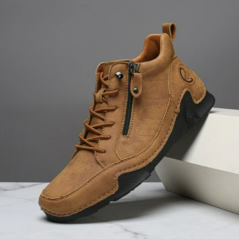 

Мужская обувь Уличные ботильоны Кожаные высокие повседневные туфли ручной работы Кроссовки на молнии Роскошные мужские ботинки на мягкой подошве Большие размеры 48