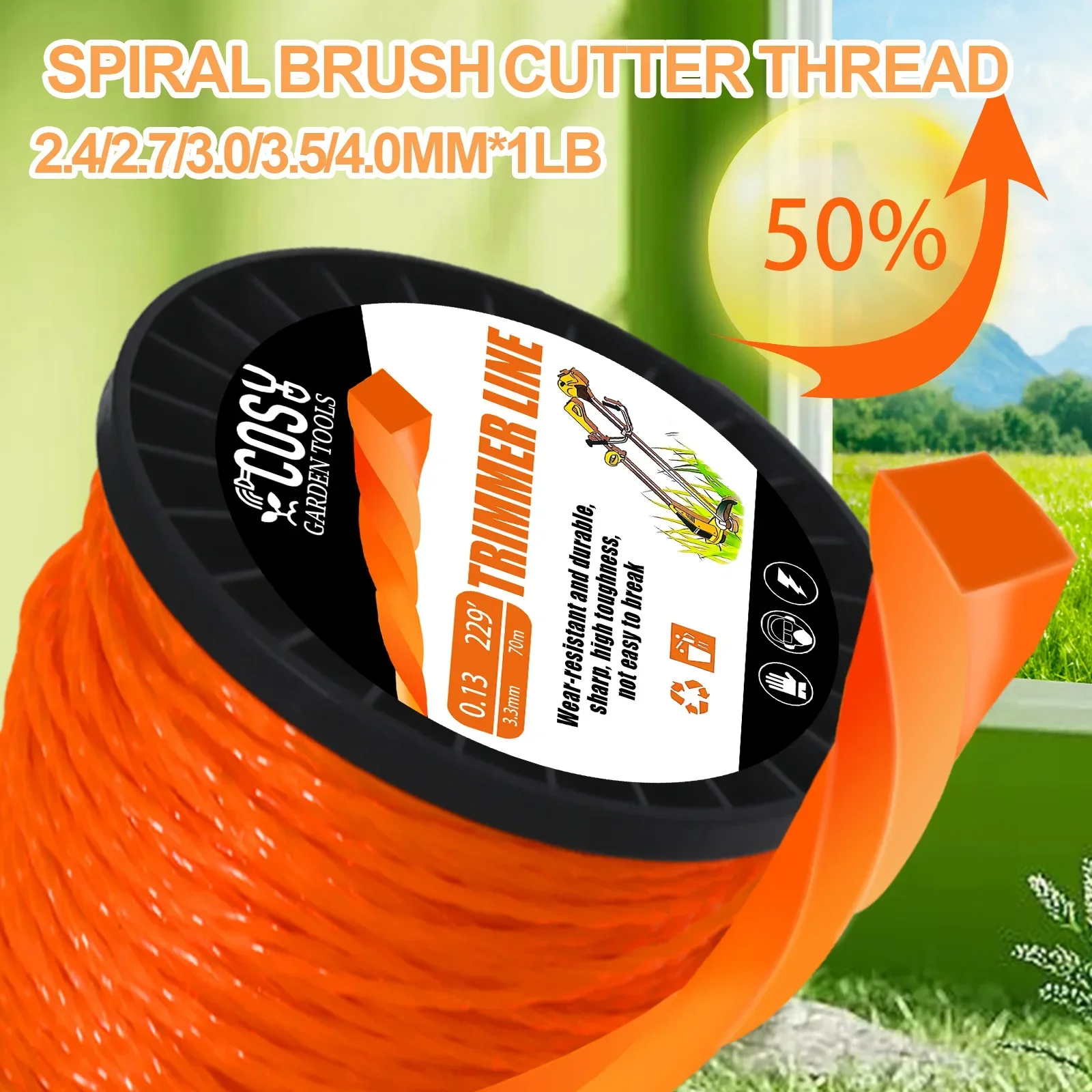 1LB * 2,0/2,4/2,7/3,3/4,0mm línea de cortacésped de corte de hierba en espiral cable de relleno de grafito cuerda de nailon cortacésped línea de forma trenzada naranja