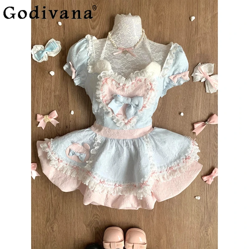 Sweet Cute Pink Blue Color Patchwork Dress with Unique Design Girls Lace Halter Neck Puffy Dress Women Waist Flower Bud Dress
