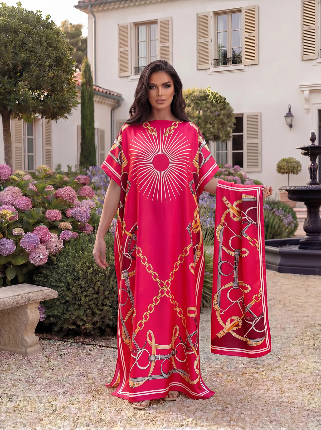 Lip Leopard Printed Dubai Casual Abaya With Scarf, Loose Batwing Maxi Kaftan Robe For African Muslim Women Daily Wear image 6