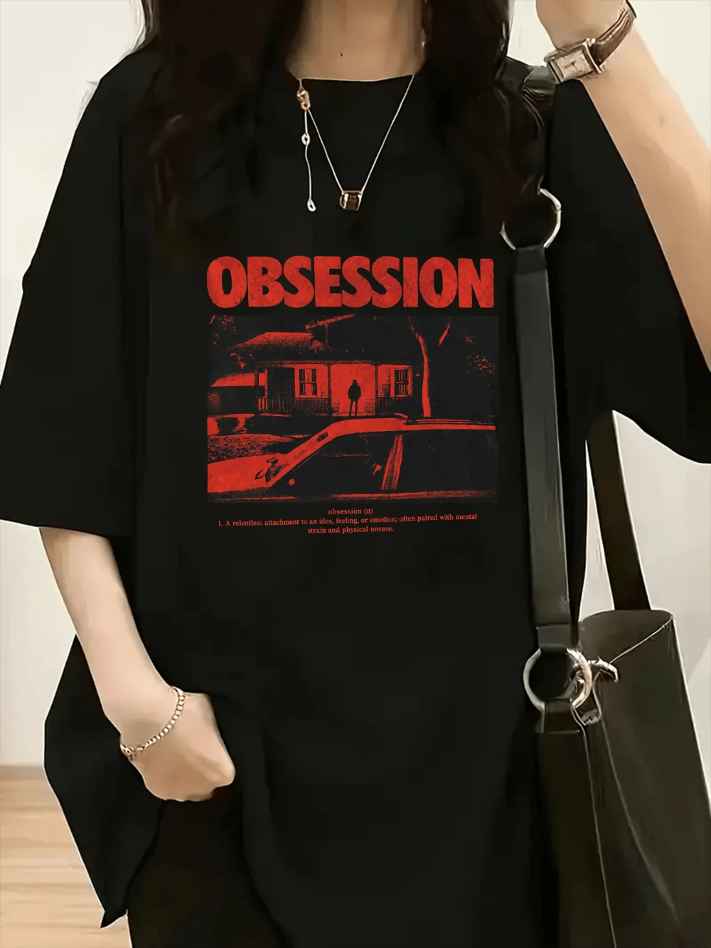OBSESSION Women's Fashion Spring/Summer Collection A T-shirt Featuring Bold Red Distressed Font with The Meaning