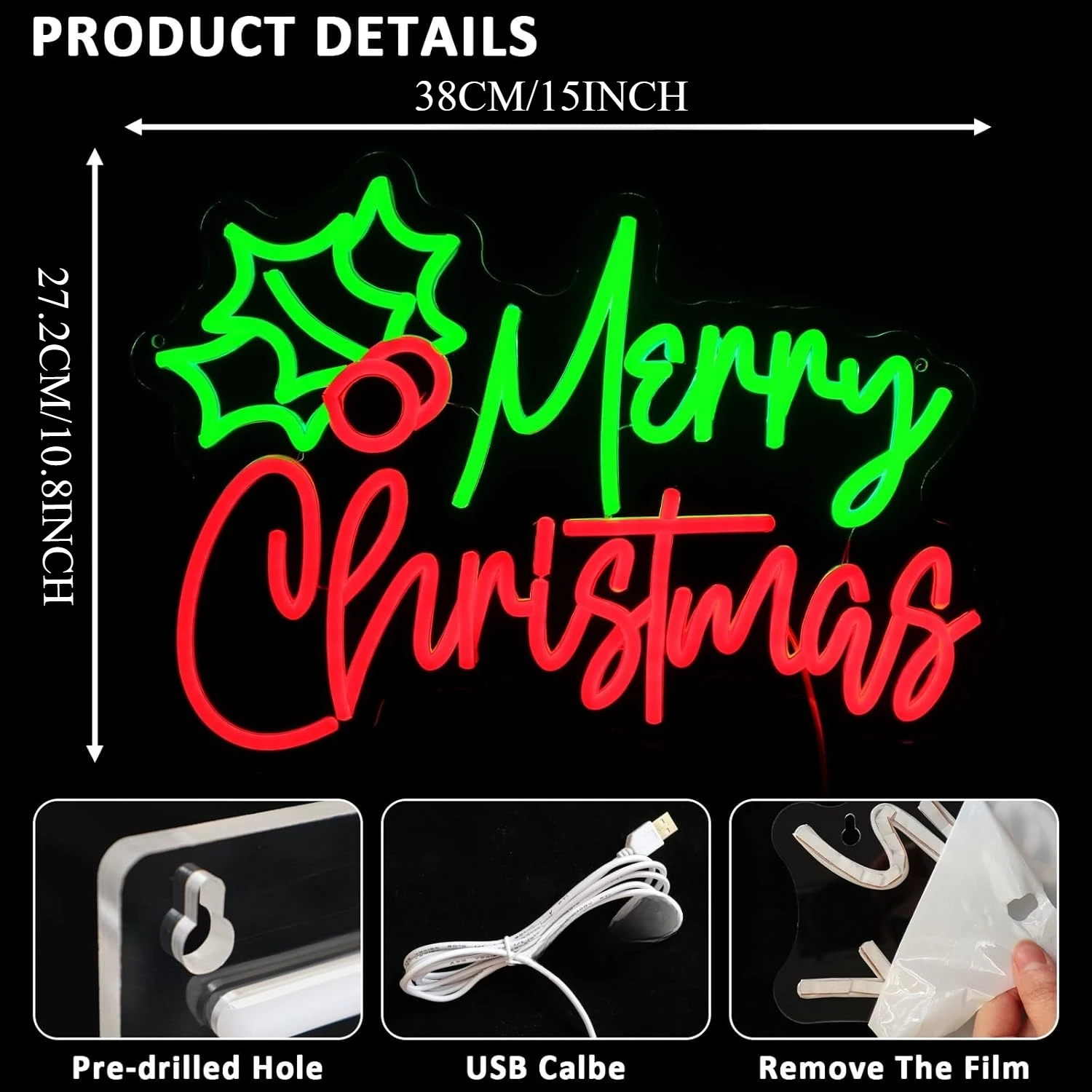 Merry Christmas Neon Sign USB Dimmable Holly Berry  LED Neon Light for New Year Christmas Party Bar Home Holiday Window Decor