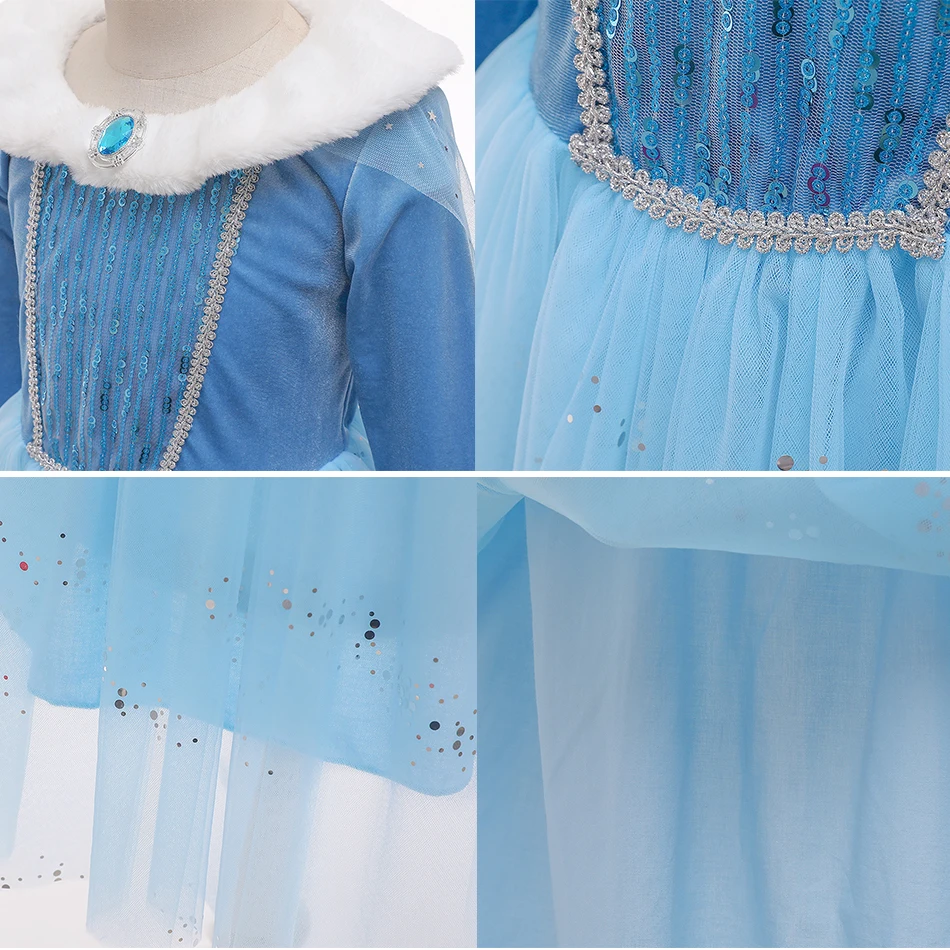 Gaun Cosplay Elsa Kartun Halloween dengan Jubah Anak Perempuan Gaun Putri Payet Beludru Musim Dingin Gaun Elegan Karnaval Anak-anak