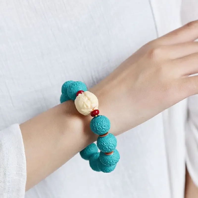 Hubei Shiyan Qin Ancient Turquoise Carved Fret Beads Single Ring Bracelet Men and Women All-Match Beeswax Beads Bracelet