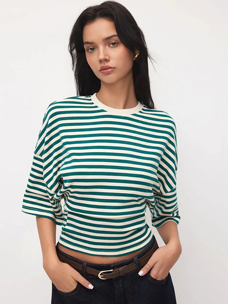 

JULISSA MO Printed Striped Round Neck Women T-shirt Green Short Sleeve Casual Y2k T-shirt Female Autumn Slim Elegant Streetwear