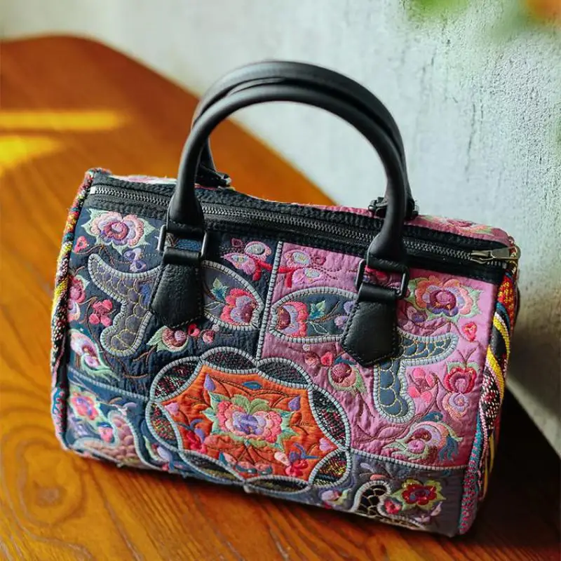 Johnature Luxury Women Handbag 2024 New National Style Exquisite Double-sided Embroidery Handmade Large Capacity Ladies Bags