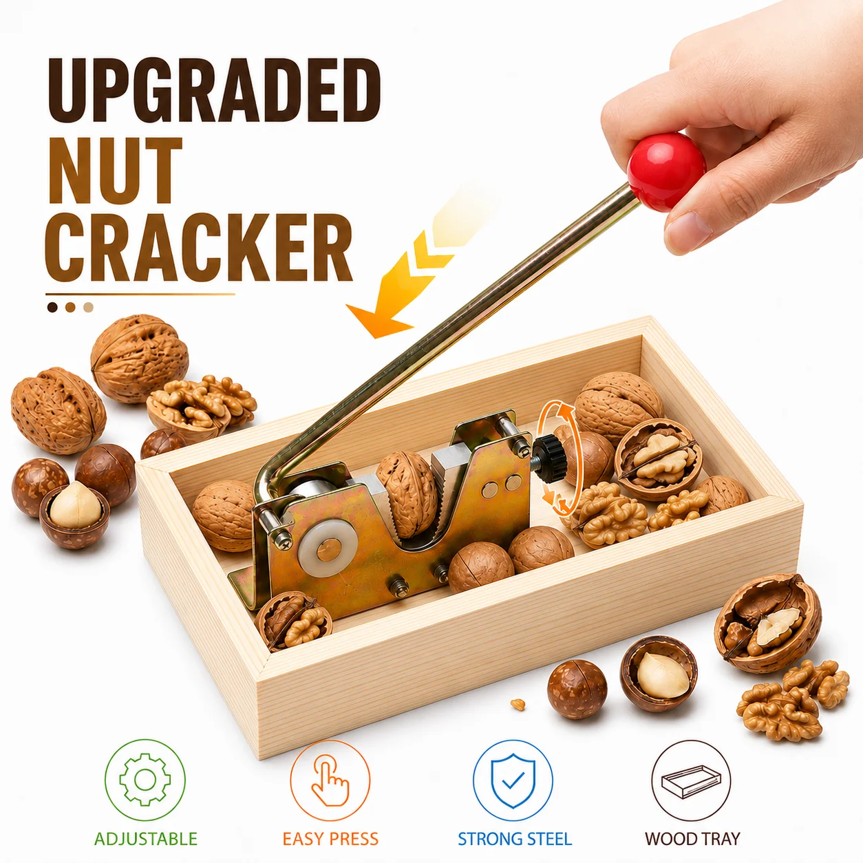 Rompe Nueces de Alta Resistencia con Base de Madera, Rompe Nueces Manual de Metal Ajustable para Nueces Macadamia, Pecans, Herramienta para Descascarar sin Esfuerzo