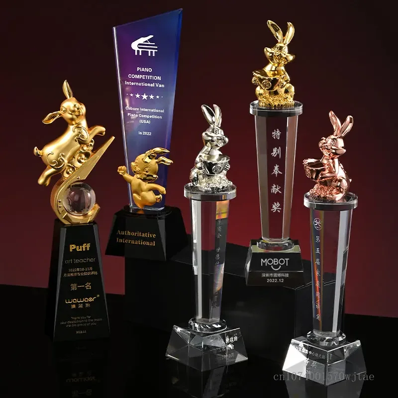 Customized Rabbit Shape Crystal Trophy, Commemorative Trophy, Honor Celebration, Annual Meeting Sports Souvenir, Home Decor, 1Pc