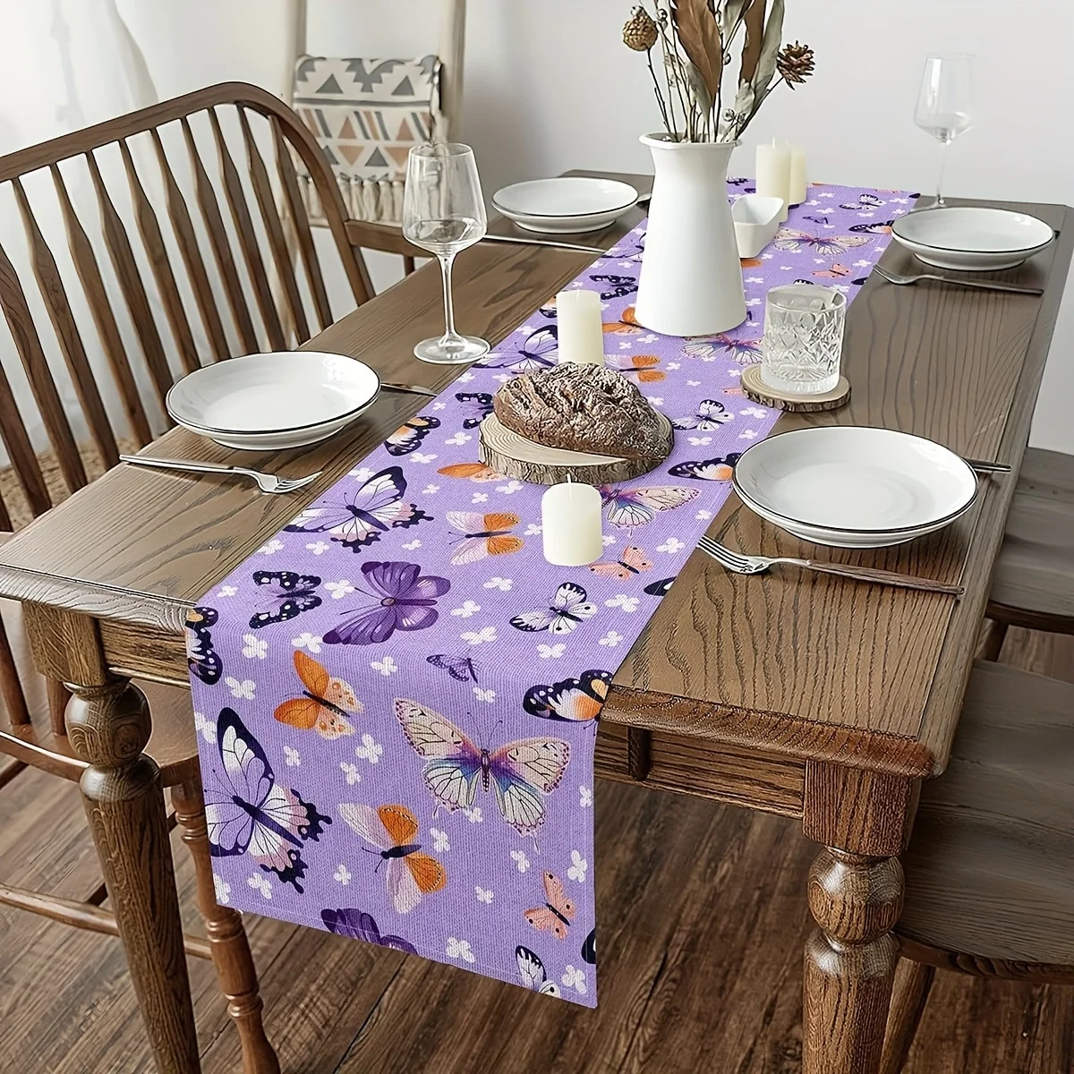 Light Purple Butterfly Linen Table Runner - Beautiful Print, Kitchen Dining Seasonal Animal Home Decor