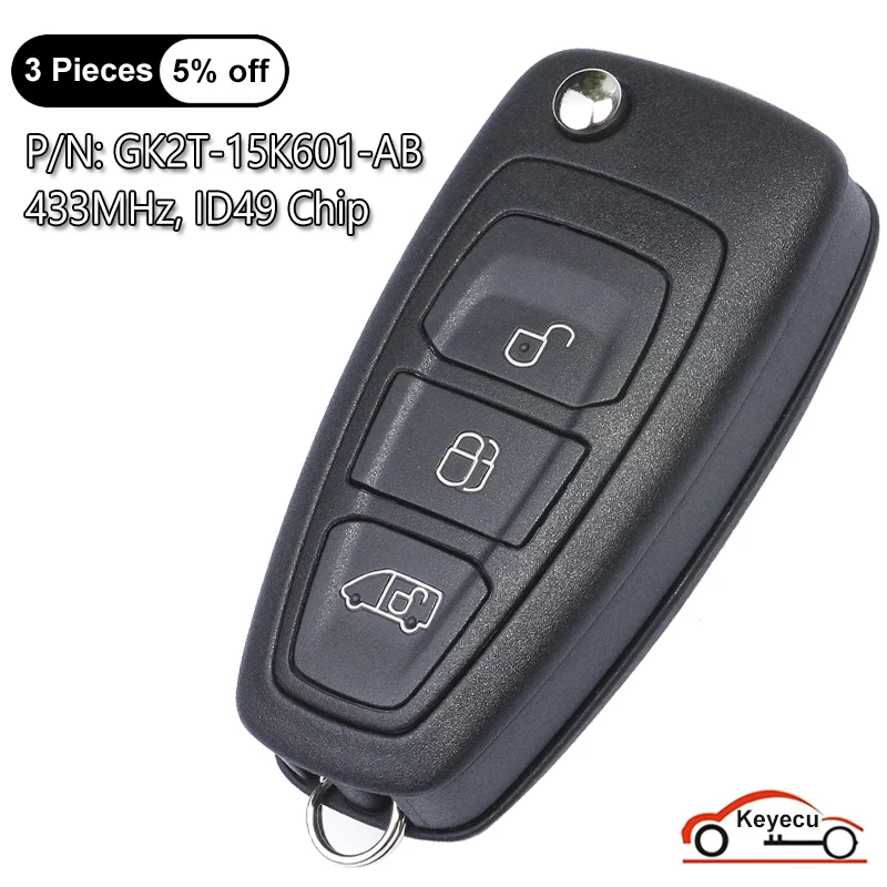 

KEYECU 3 Buttons 433MHz ID49 for Ford Transit / Transit Custom/ Tourneo Custom 2015-2020 Flip Remote Key Fob GK2T-15K601-AB / AA