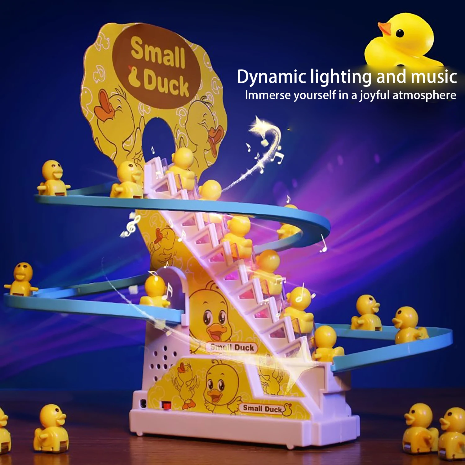 Children's electric duckling climbing stairs rail car, puzzle toy, with lighting and music