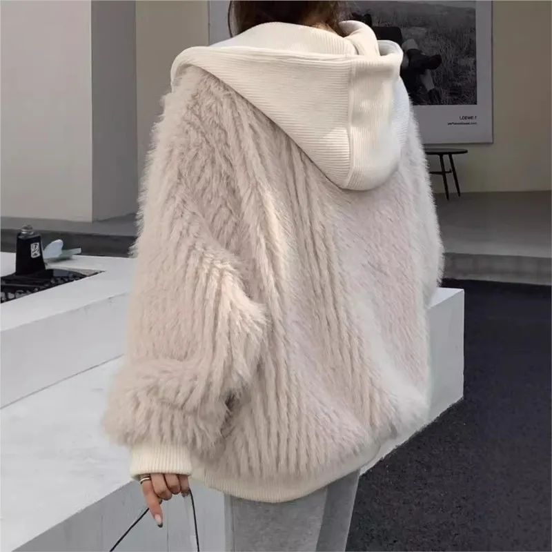 Mid-length hooded fur and artificial wool thickened warm coat