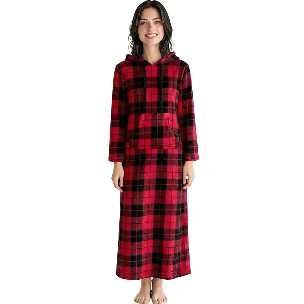 Women's Fleece Nightgown, Oversized Hoodie, Long Hooded Sweatshirt Robe