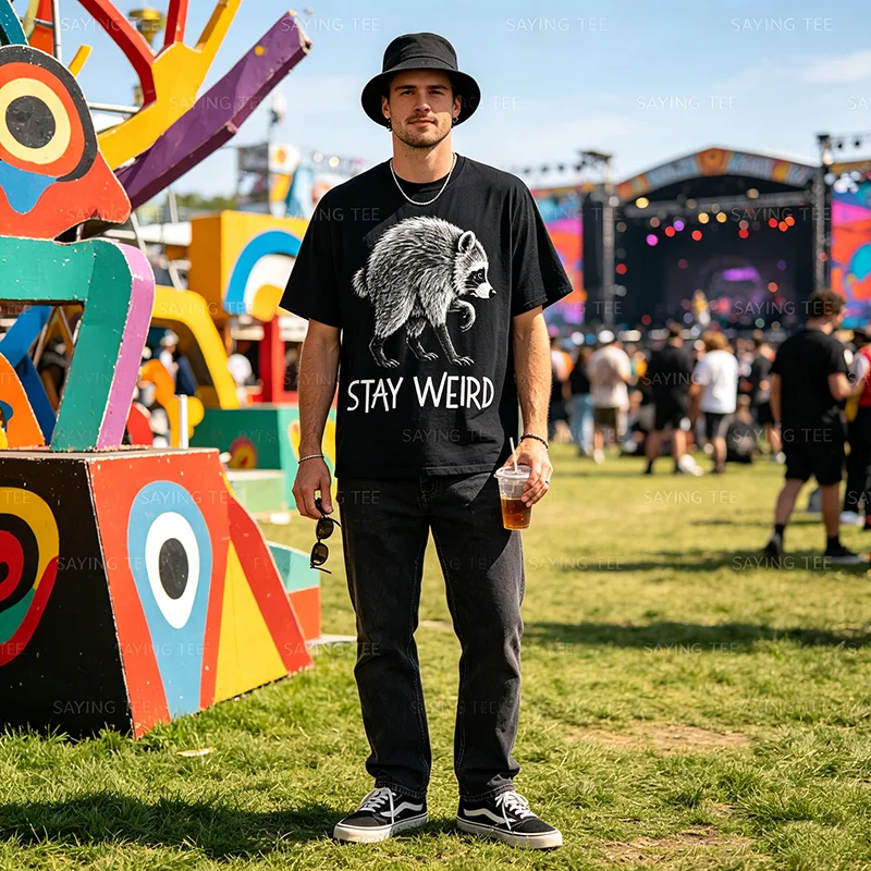 Stay Weird Funny Timothy Raccoon T-Shirt Y2k Herren Damen Baumwolle Gemütliche Oversize-T-Shirts Mode Vintage Kurzarm-Spruch-T-Shirt – Detail 3
