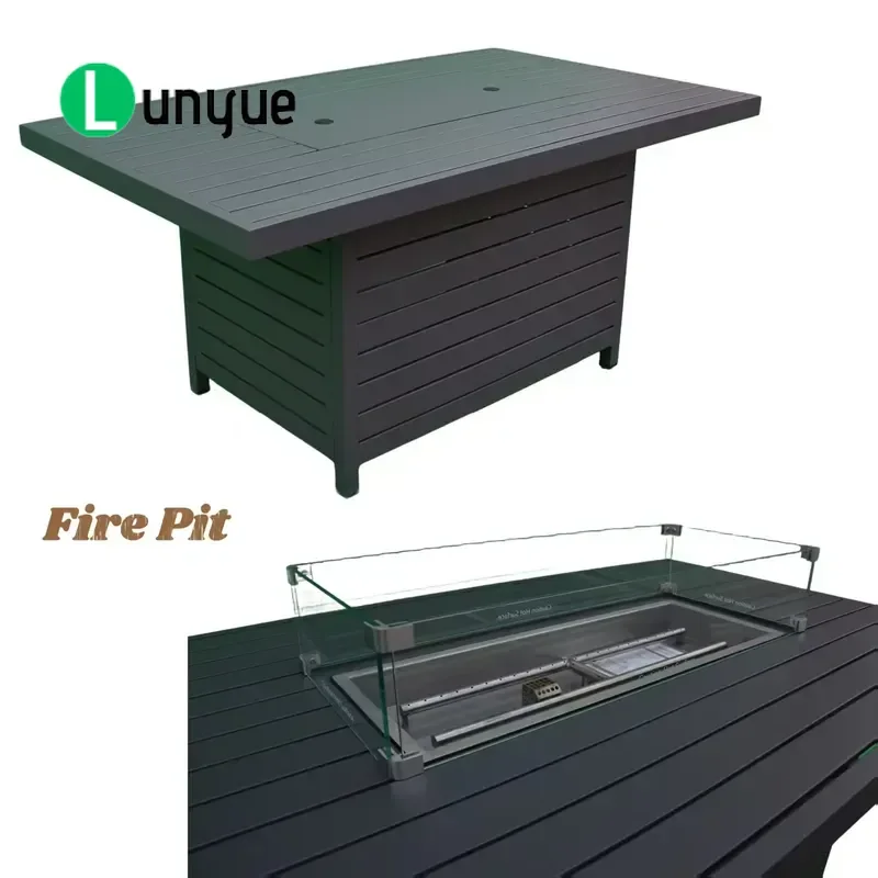 Outdoor Rectangular Gas Fire Pit Table Aluminum Frame with Glass Windshield for Courtyard Garden Hotel Projects Durable