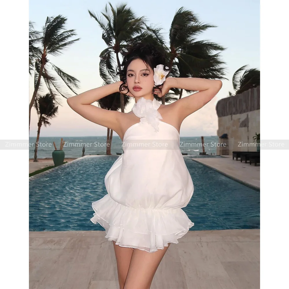 

Vietnam niche design three-dimensional flowers ruffle vacation dress white gentle wind neck halter dress women