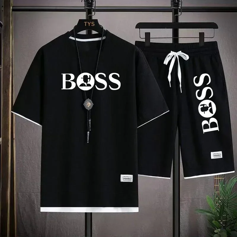 New summer jogging short-sleeved sportswear suit men\'s fitness fashion casual T-shirt + jogging basketball shorts 2-piece set