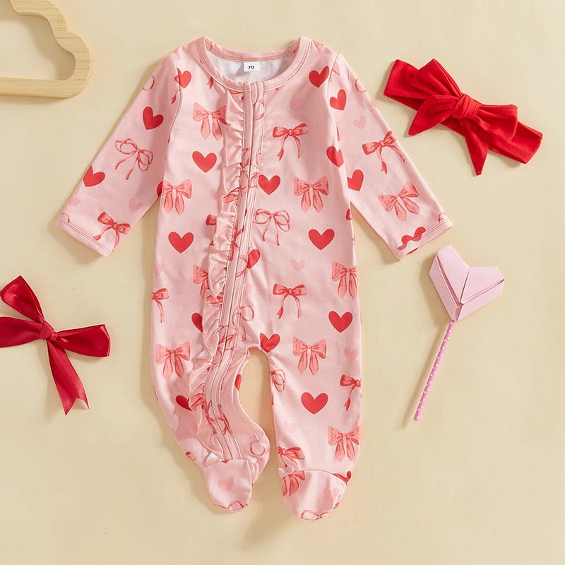 Neonata per San Valentino, vestito con fiocco, stampa a cuore, pagliaccetto con volant, cerniera, tuta con fascia per capelli