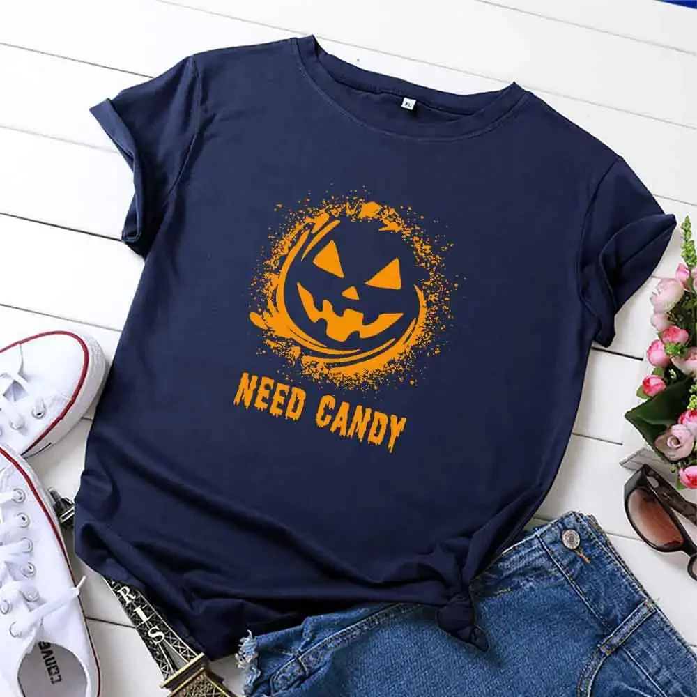 Halloween Need Candy Pumpkin Print T Shirt Women Short Sleeve O Neck Loose Tshirt Women Tee Shirt Tops Camisetas Mujer