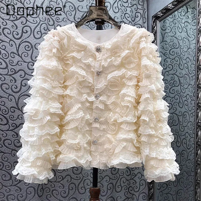 

French Retro Fashion Lace Ruffled Short Coat Women Elegant Sweet Heavy Beaded Single-Breasted Round Neck Long Sleeve Jacket