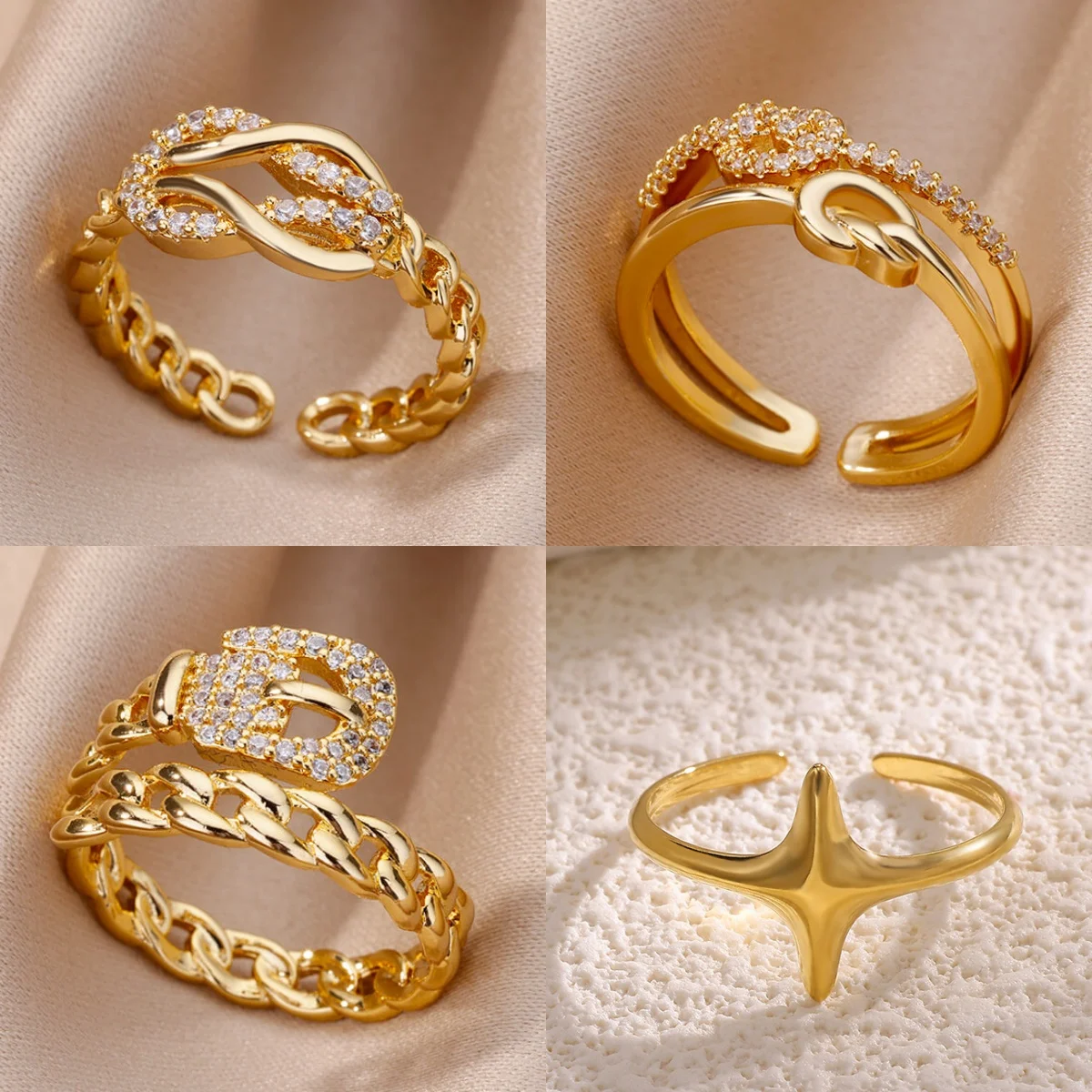 Luxuriöse geometrische Damenringe mit offenem Band, 18 Karat vergoldet, Zirkonia-Schmuckring, Geschenk, kostenloser Versand