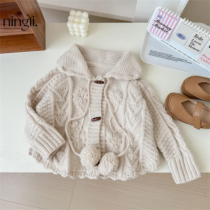 

NL-South Korea Girl's Sweater Knitted Cardigan Fashionable Autumn Clothing Children's Cute Lapel Horn Button Easy Matching Coat