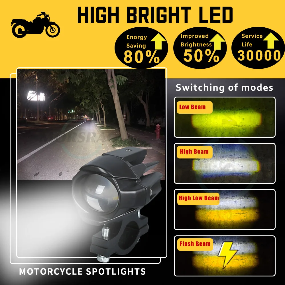 Auxiliary Led Headlights For Motorcycle Led Extra Lights Flashing 12-80V Long Range Additional ATV Moto Spotlights Fog Lights