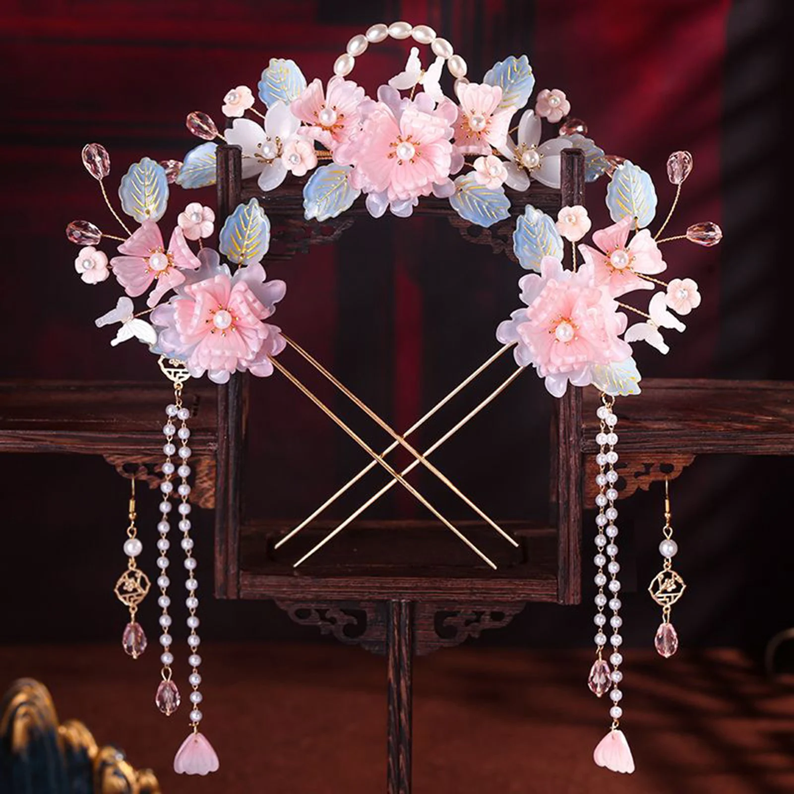 Chinesische Hanfu Haar Stick Haarnadel Ohrringe Haar Zubehör Set Lange Fransen Vintage Haarnadel Blume Handgemachte Hochzeit Haar Schmuck
