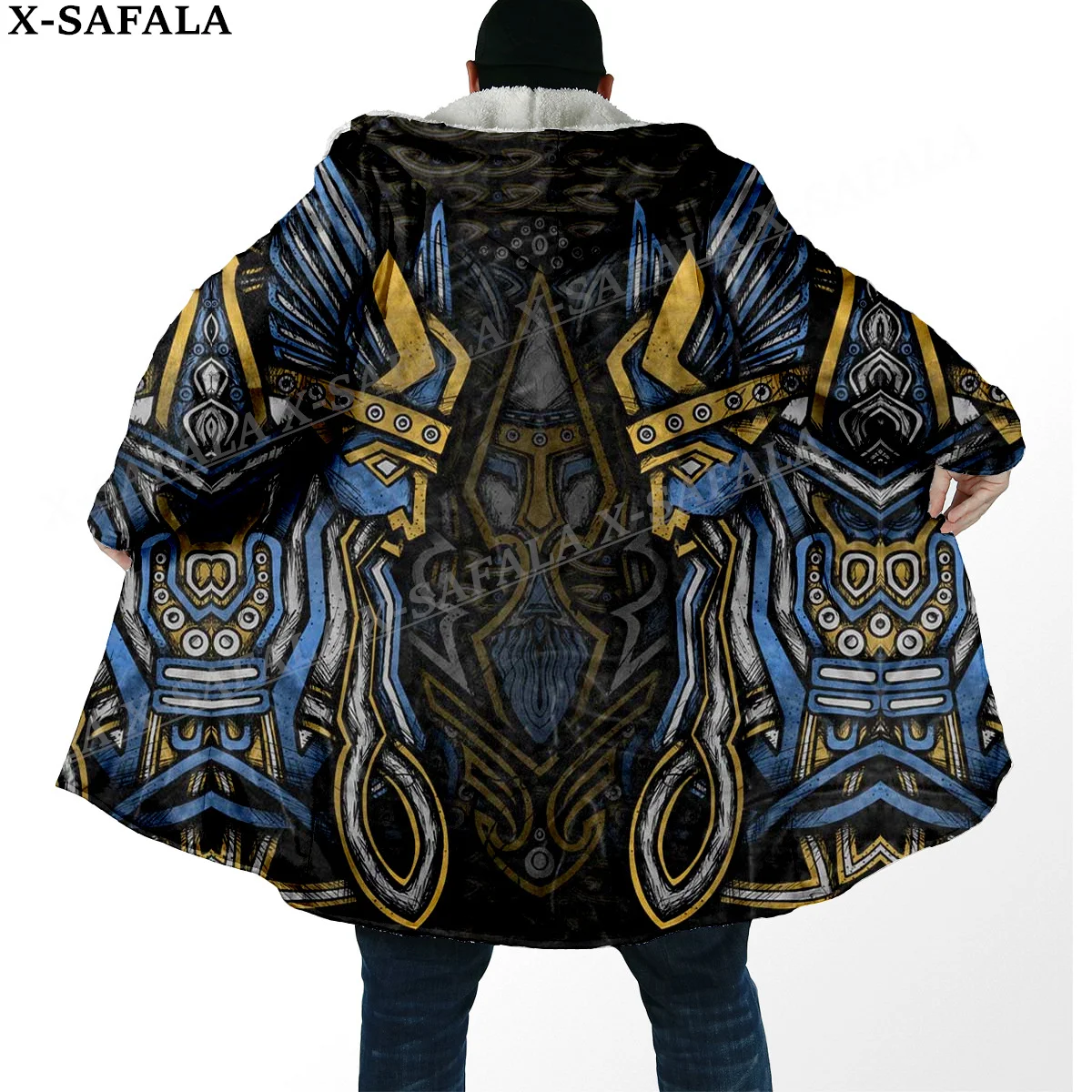 

HULINHJALMUR FENRIR'S WRATH Norse Viking Thick Warm Hooded Cloak Men Overcoat Coat Windproof Fleece Cape Robe Hooded Blanket-17