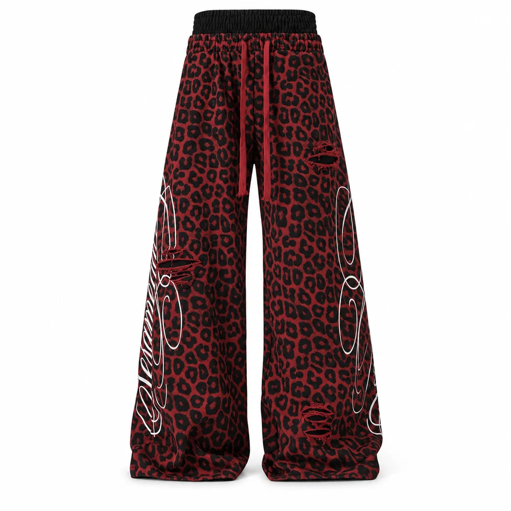 Unisex Red Leopard Wide Leg Pants Double Waist Distressed Graphic Streetwear Full Length Relaxed Streetwear Fit