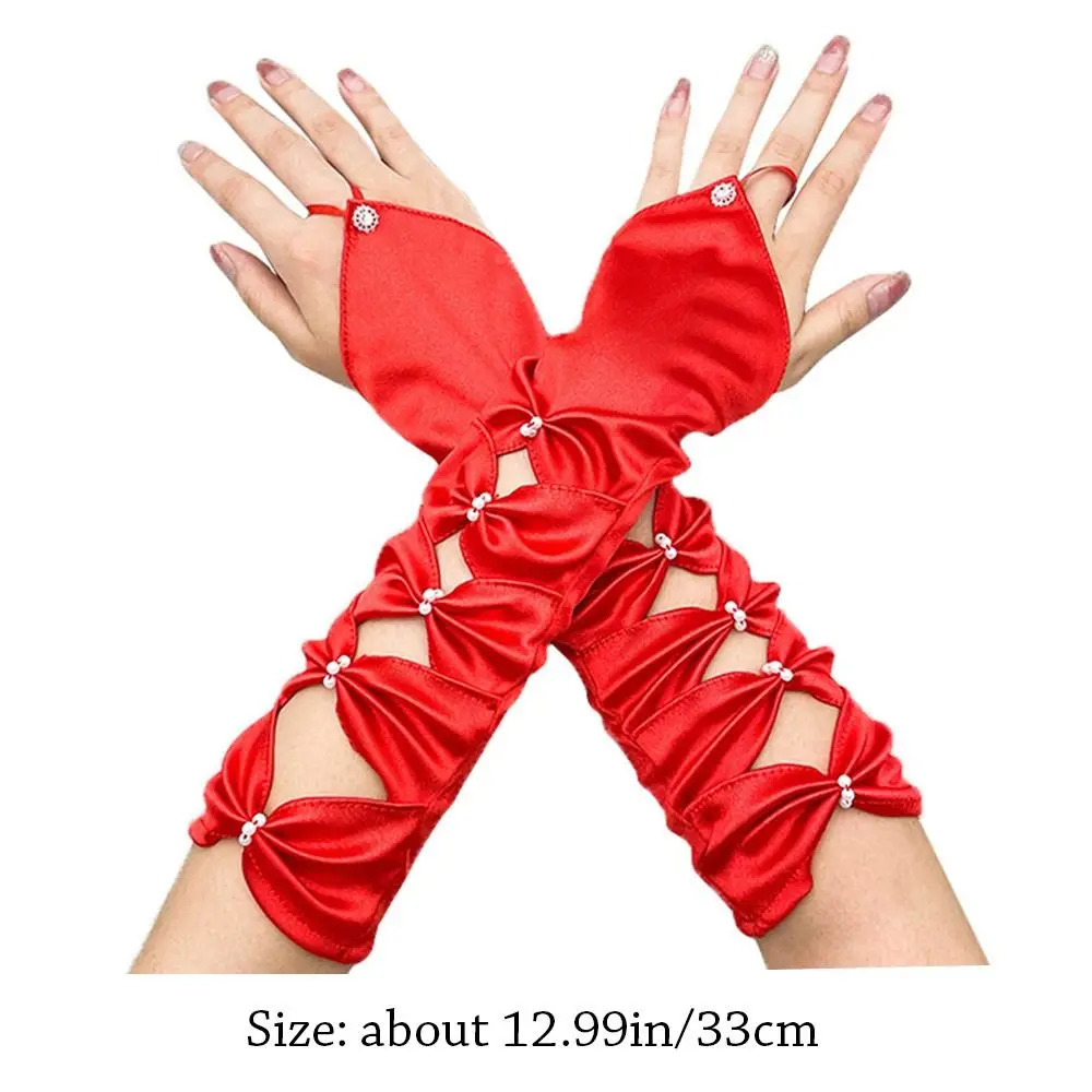 Elegant Long Elastic Satin Pleated Bowknot Wedding Bridal Gloves Elbow Teal Fingerless Evening Party Prom Girl Gloves