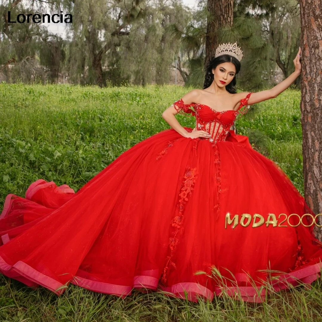 

Lorencia Mexican Red Quinceanera Dress Ball Gown Lace Applique Beading Crystals Bow Corset Sweet 16 Vestidos De 15 Años YQD894