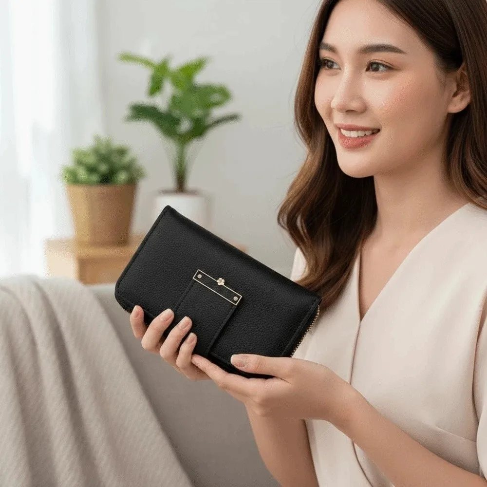 

Portable Solid Color Wallet Polyester Anti-splash Water Women Card Bag Multiple Card Flower Zipper Leather Purse Daily