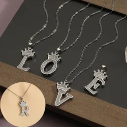 Initial Letter A-Z Pendant White Gold Plated Crown Initial Pendant Necklace for Women Cubic Zirconia Cable Chain Adjustable men