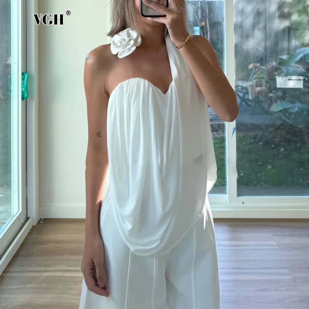 

VGH Solid Spliced Appliques Folds Sexy Blouses for Women Sweatheart Neck Sleeveless Temperament Backless Top Female Summer Style
