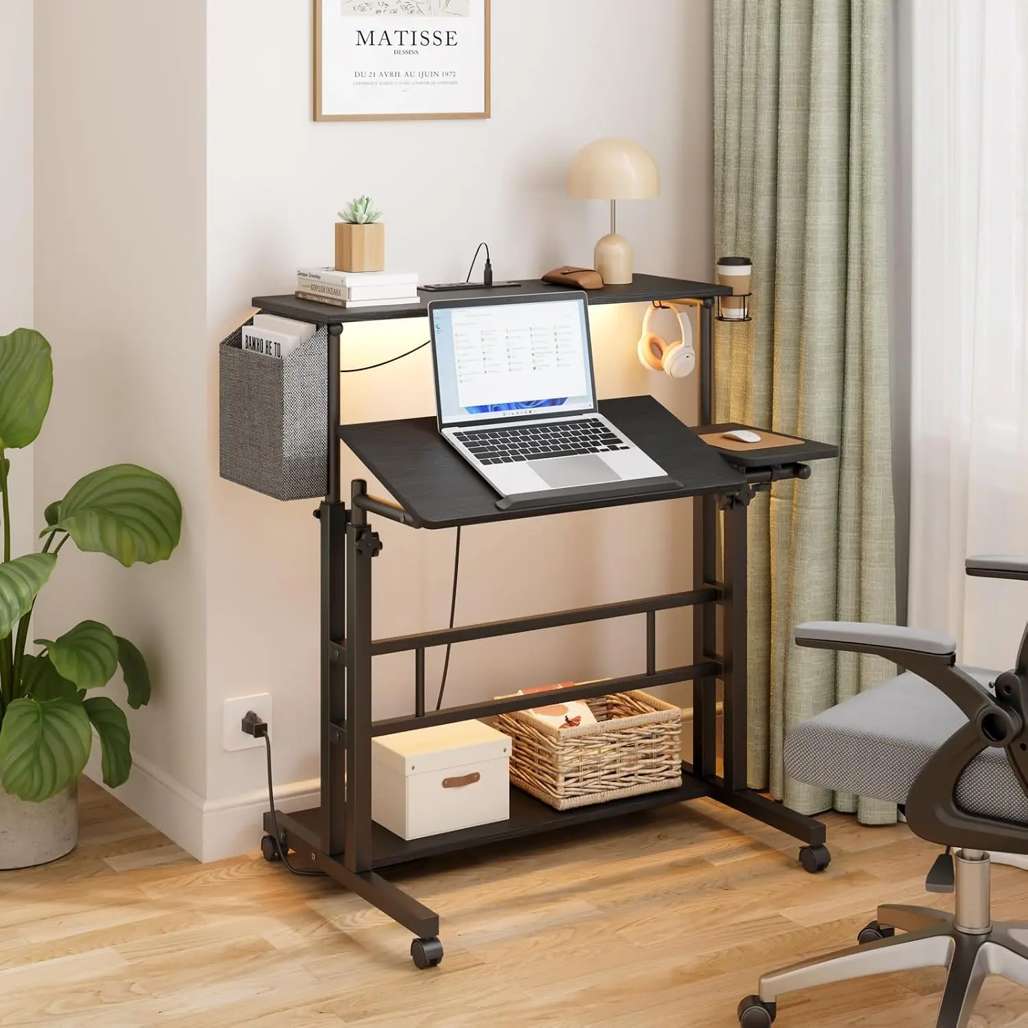 (UUX)Mobile Standing Desk with Power Outlets & Strip Lights, Rolling Computer Desk Cup Holder, Hook, Storage Bag UQ