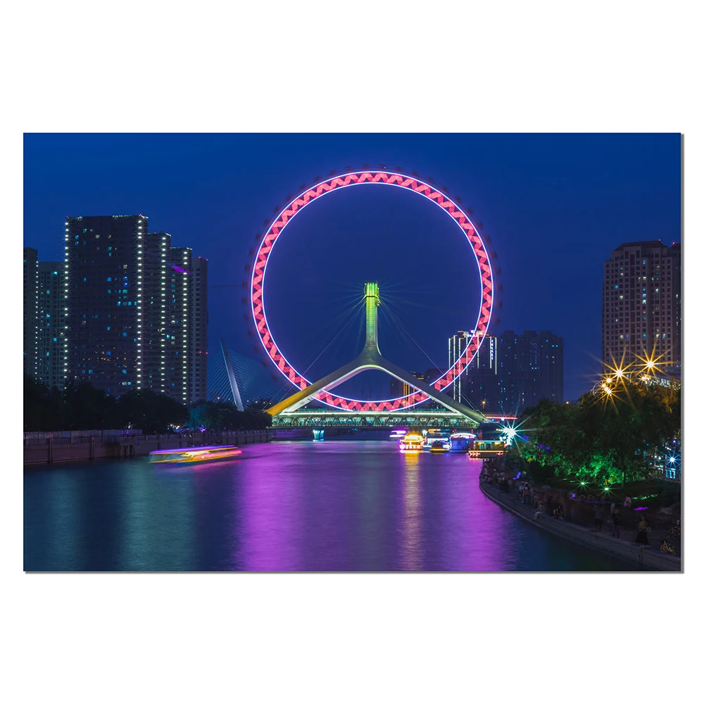 YJ001 Tianjin Gorgeous City Nightscape Famous Building Silk Fabric Poster Wall Art Decor Fashion Gift