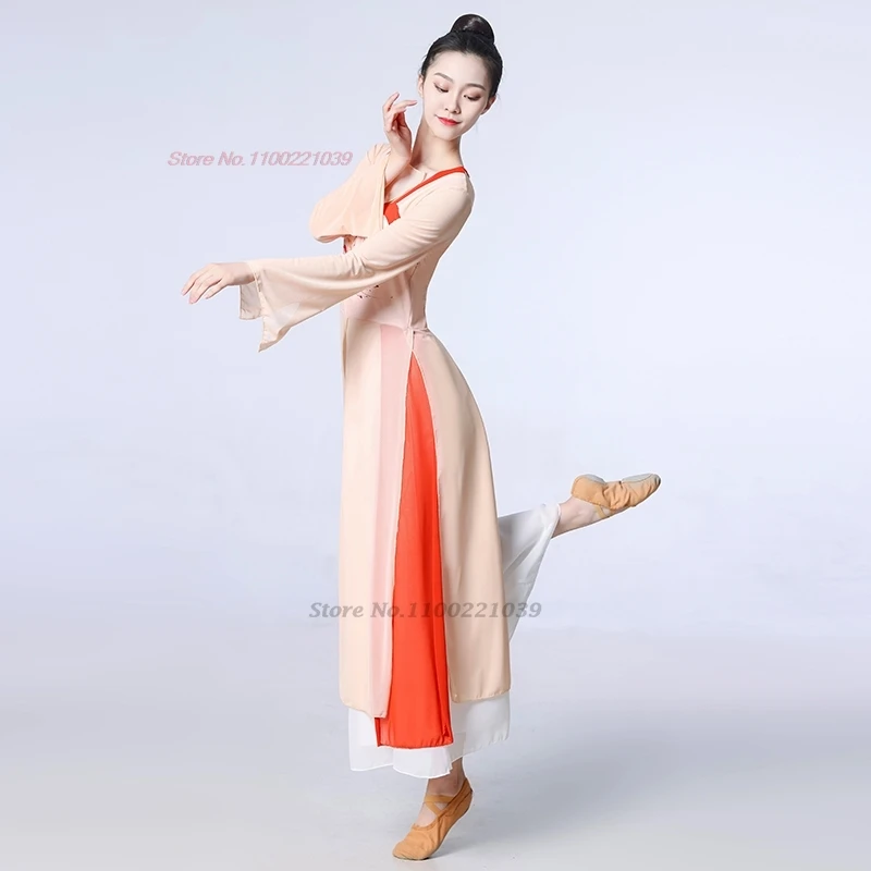 2025년 전통 중국 빈티지 한푸 꽃무늬 시폰 한푸 상의+하의 세트 무용 의상 무대 공연 루퀸 드레스