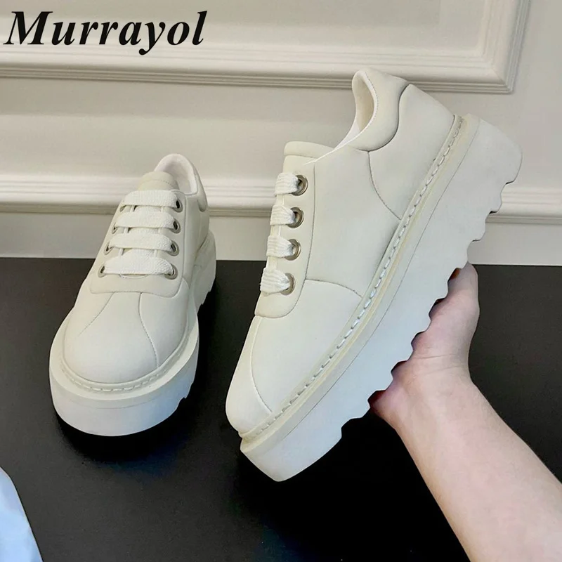 

Round Toe Genuine Leather Lace Up Flat Shoes Solid Color Thick Bottom Height Increasing Board Shoes Spring Unisex Sneakers