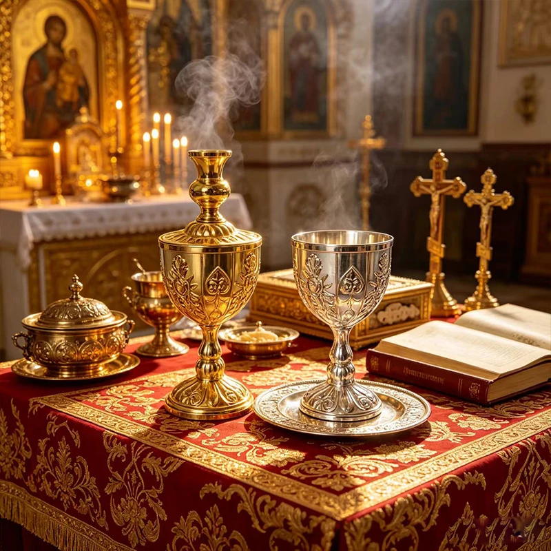 Orthodox Vigil Lamp Red Glass Gold Metal Standing Candle Holder Ornate Byzantine Lampada for Home Altar Church Religious Gift