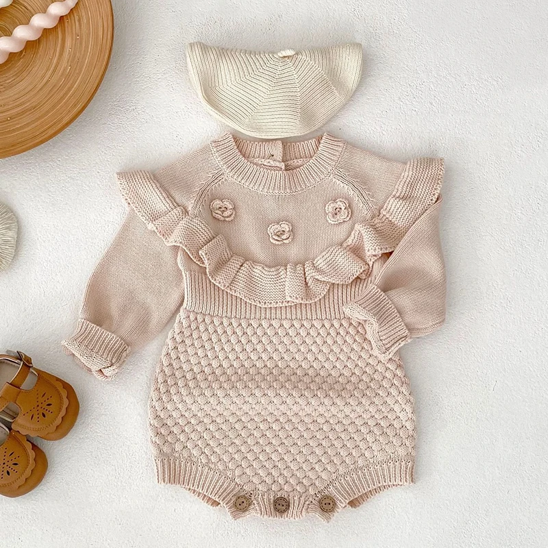 

2025 New Autumn 0-24M Baby Clothing Toddler Baby Girl Knitted Romper Long Sleeved Solid Color Infant Baby Girls Knitted Jumpsuit