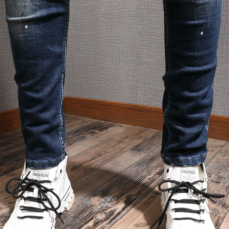 Street Fashion Men Jeans Retro Black Blue Elastic Stretch Slim Fit Vintage Ripped Jeans Patched Designer Hip Hop Denim Pants Men