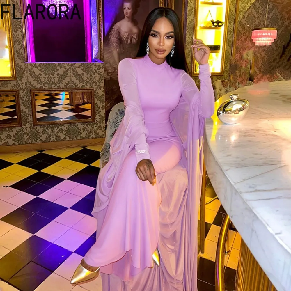 

FLARORA Elegant Two Piece Set Women Sexy Backless Patchwork Pleat Ribbon Split Dress And Long Shawl Birthday Stretch Slim Suit