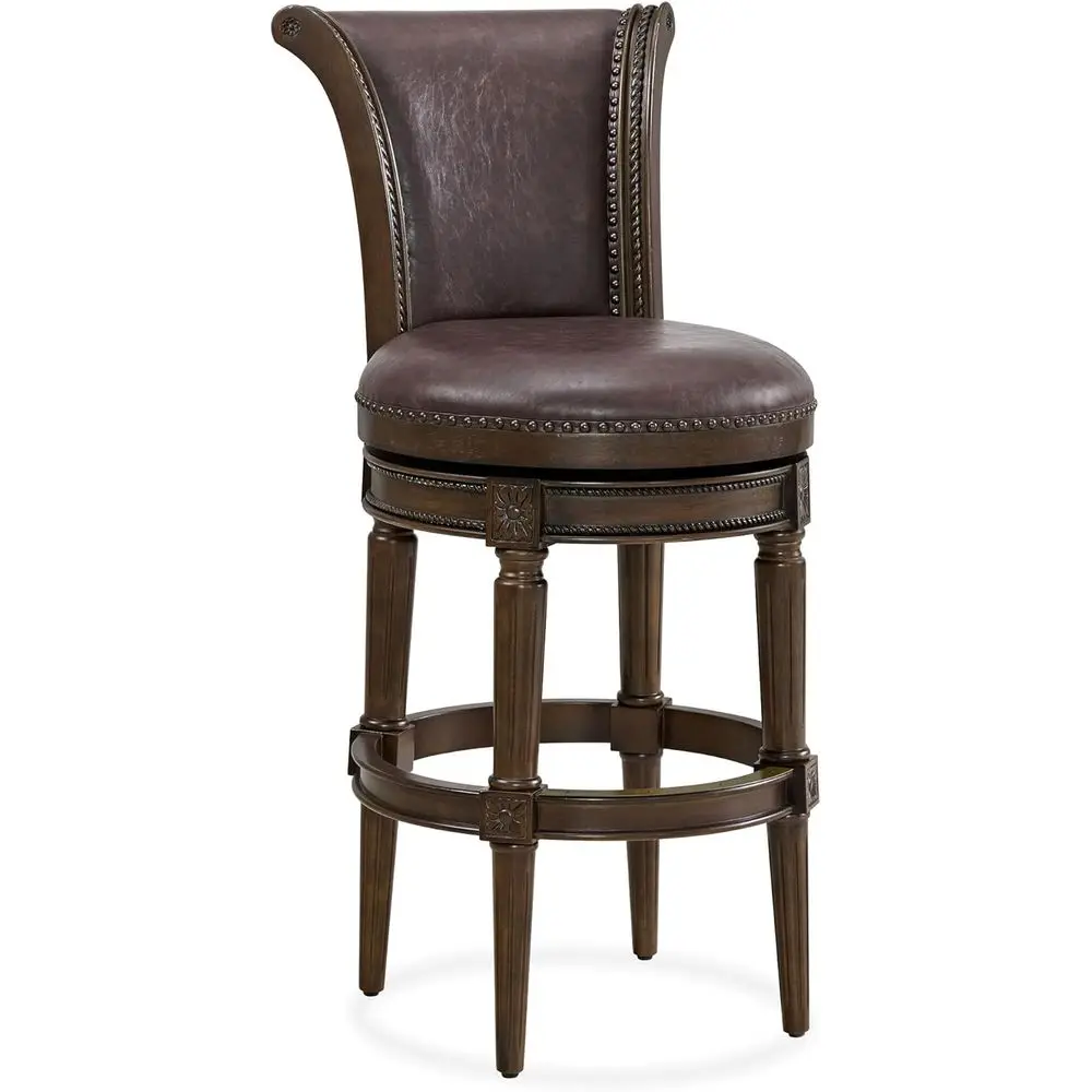 31 Swivel High Back Bar Stool with Vintage Brown Vegan Leather Seat in Walnut Finish