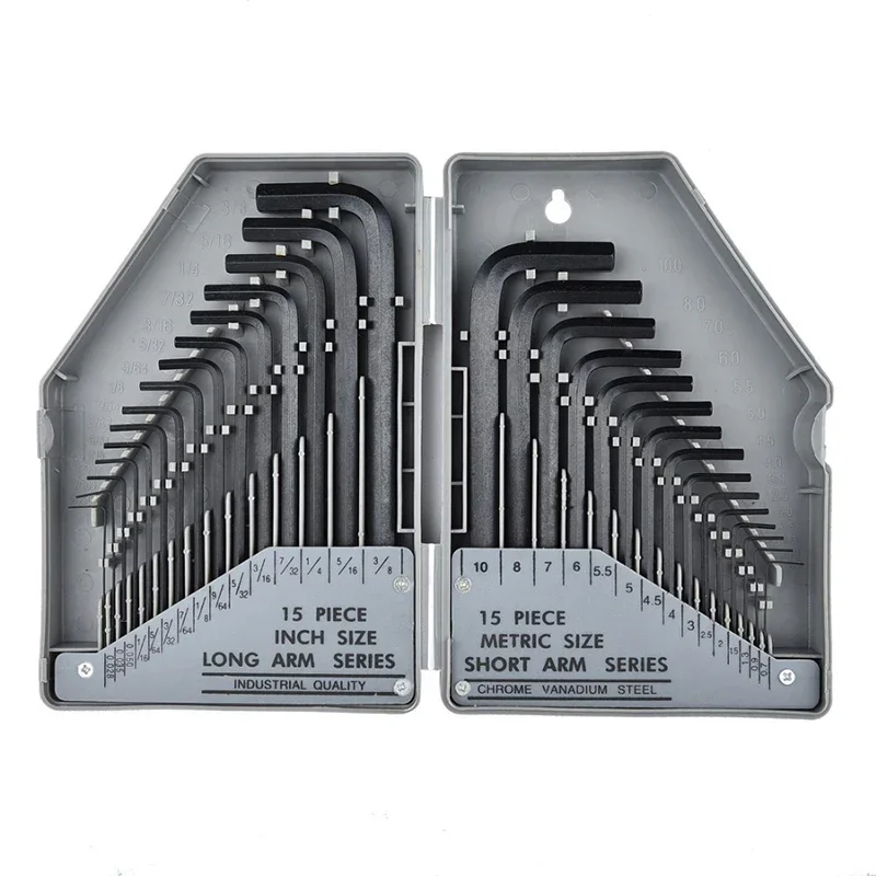 30Pcs Hex Key Allen Wrench 0.028"- 3/8" Inch & 0.7mm-10mm Metric Size Chromium-vanadium Steel Spanner Repair Tools Set Allen Key