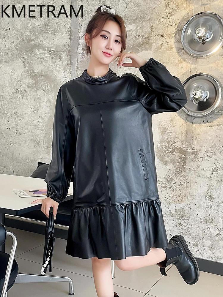 100 % Oberschicht Schaffell Kleid Frau Luxus Langarm Echtleder Schwarze Kleider Neu in Oberbekleidung Herbstkleidung 2025 Frauen