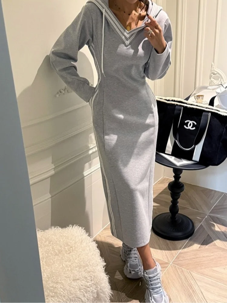 Rétro Patchwork couleur sang dentelle Dstring à capuche tricoté Dr femmes minceur longue Dr printemps automne nouveau Sle