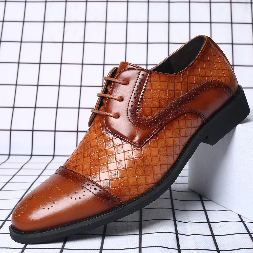 Men\'s Splicing Brogue Shoes Woven Grain Leather Dress Shoes Men Lace-Up Wedding Party Shoes Mens Business Office Oxfords Flats