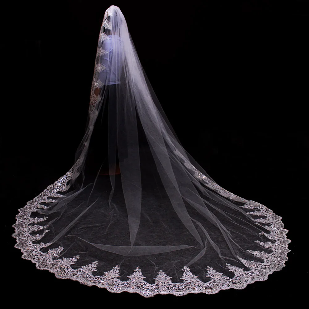 Mantilla laço casamento véu espumante lantejoulas rendas longo véu nupcial com pente branco marfim 3 metros noiva véu acessórios de casamento