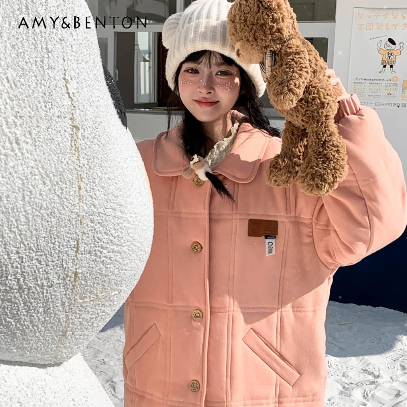 

2024 New Winter Sweet Cute College Wind Light Orange Lapel Pocket Loose Cotton Coat For Girls